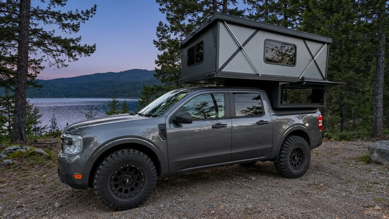 KOVR XL1 en format Mid-Size sur un Ford Maverick gris, stationné au bord d'un lac au crépuscule, un panneau de la base ouvert
